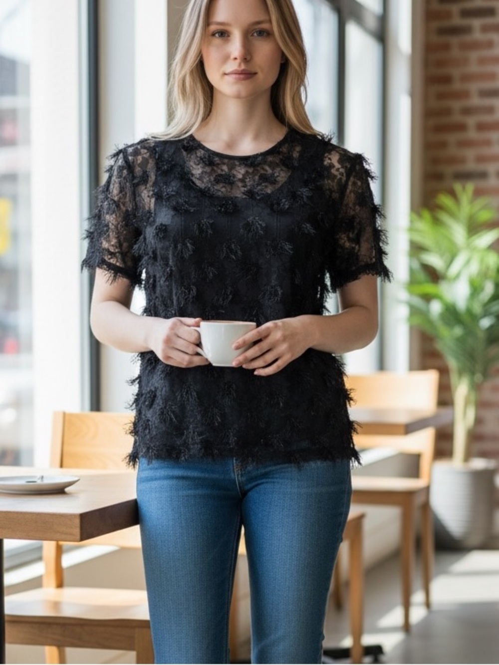 Black Feather-Texture Short Sleeve Tee